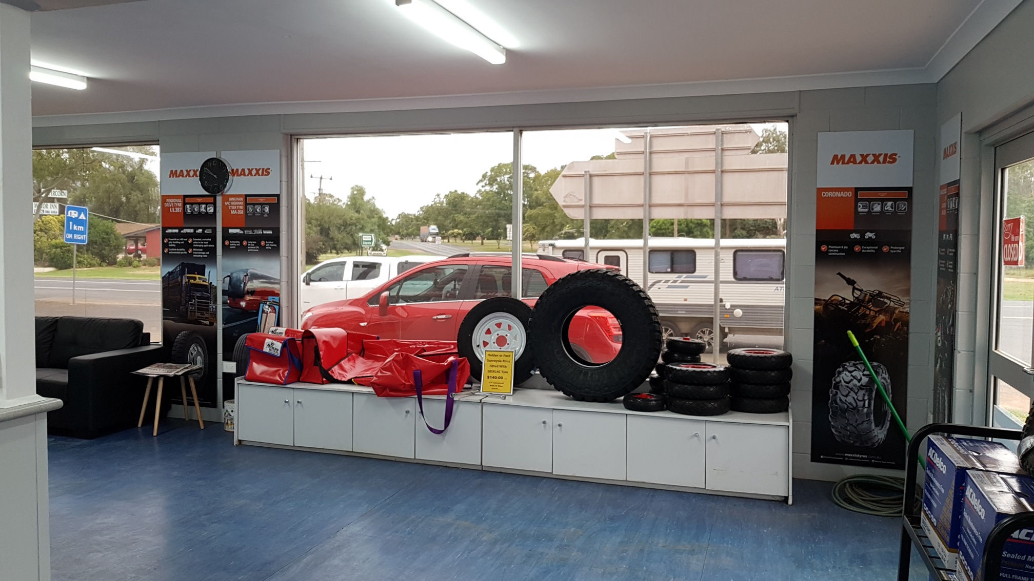 Reception at Walker’s Service Centre, tyre and rim display by the window