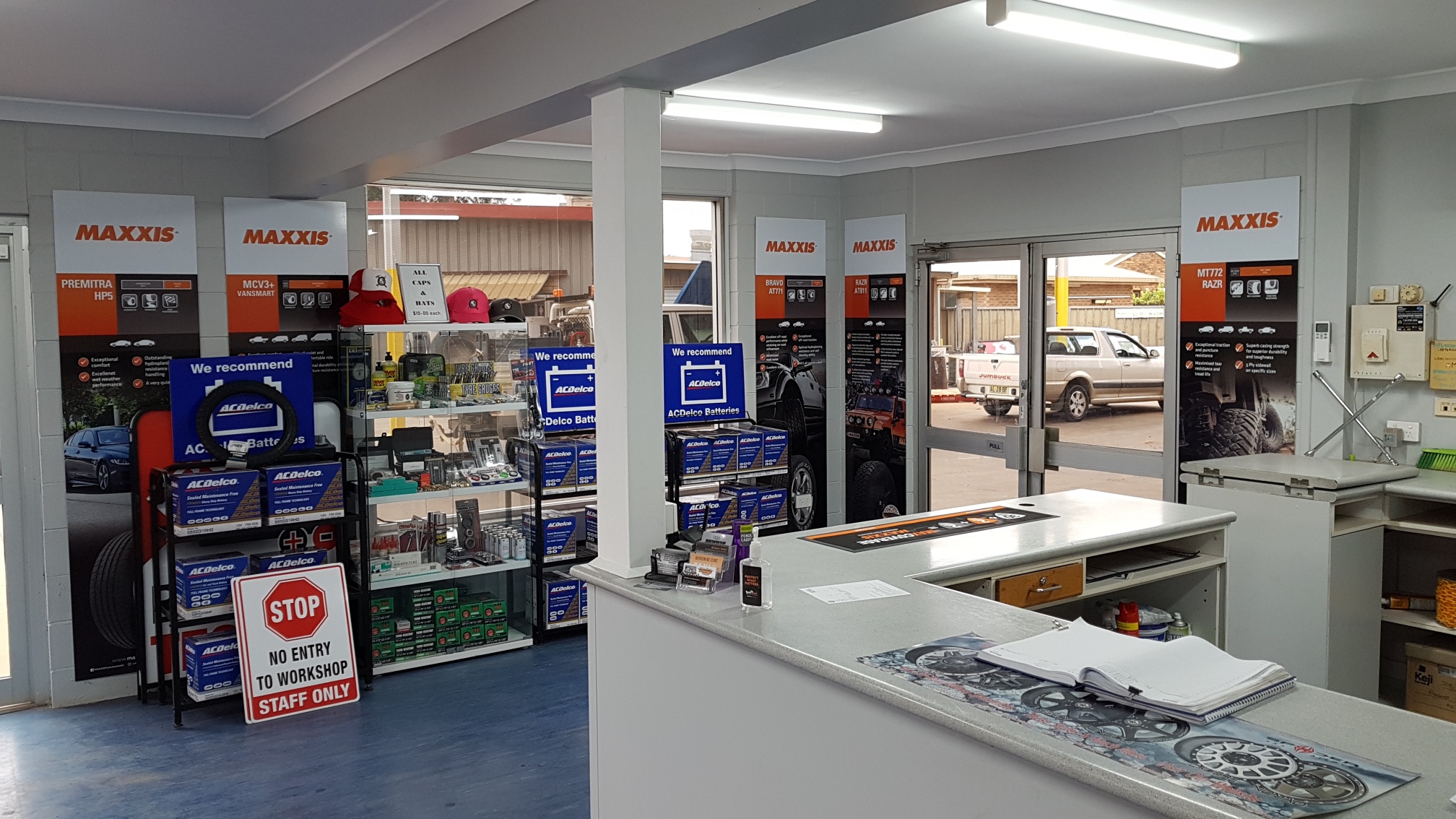 The service counter, batteries and tyre range at Walker’s Service Centre