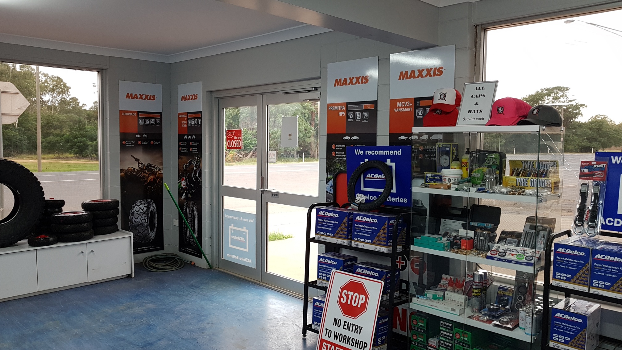 Tyre and accessory displays inside Walker’s Service Centre, Narromine